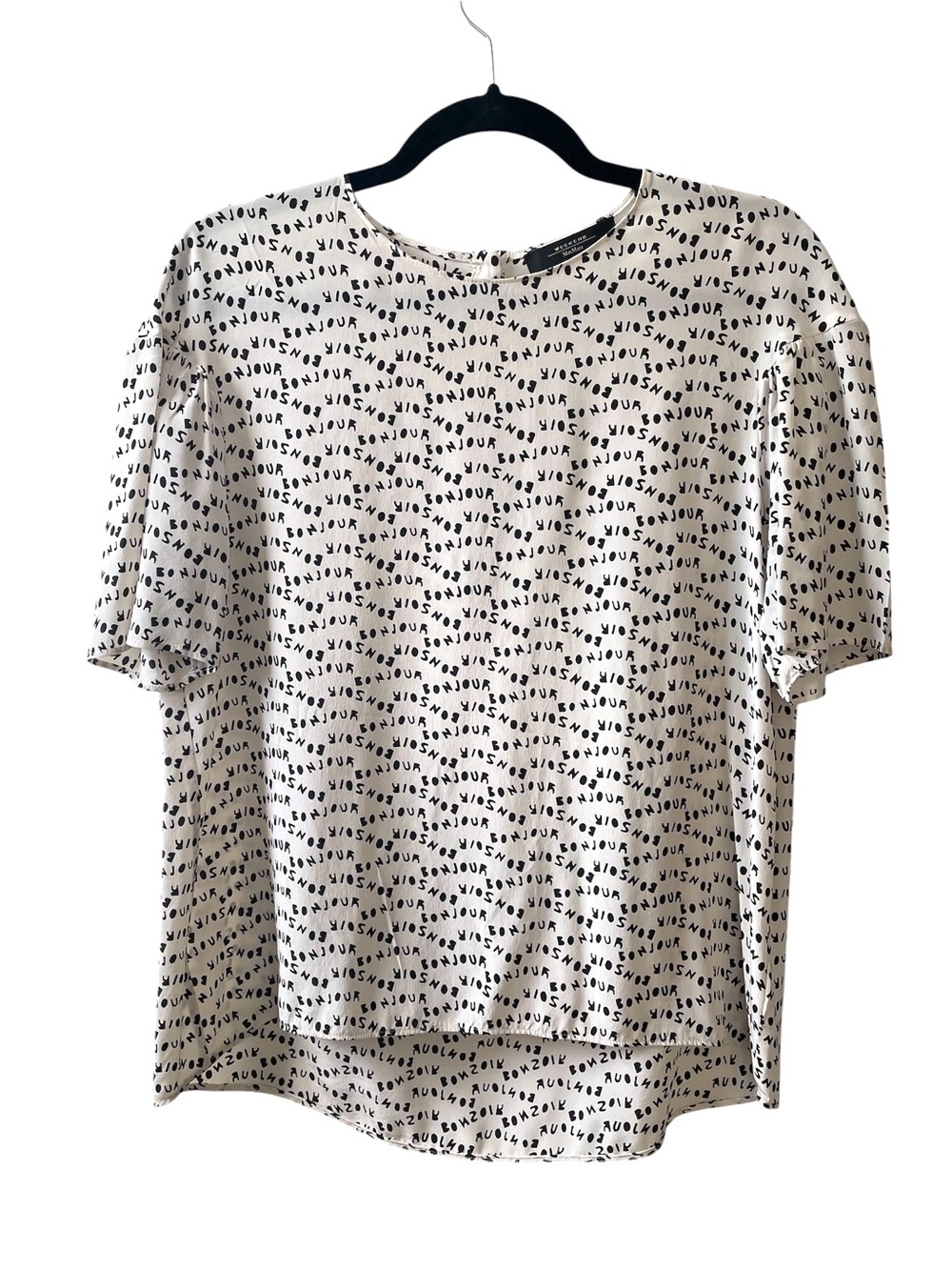 Weekend Max Mara "Bonjour" Silk Typography Print Blouse Cream Black M